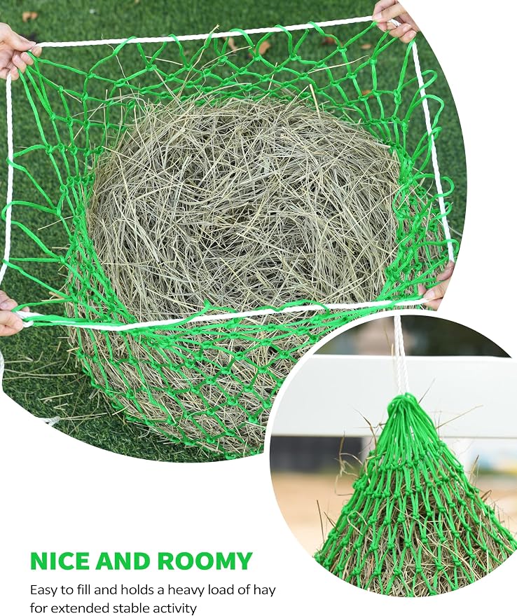 Harrison Howard Slow Feed Hay Net for Horses, 40 Inch Hay Bag Holds 1–2 Flakes, 2 Inch Mesh Durable Hanging Feeder for Stable, Pasture & Livestock-Bright Green