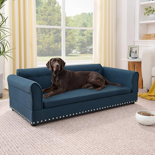 55" Dog Sofa for Medium to Large Dogs, Button Tufted Dog Couch Bed with Backrest and Armrests, Durable Memory Foam Pet Bed, Removable Cushion for Medium and Large Dogs, Blue