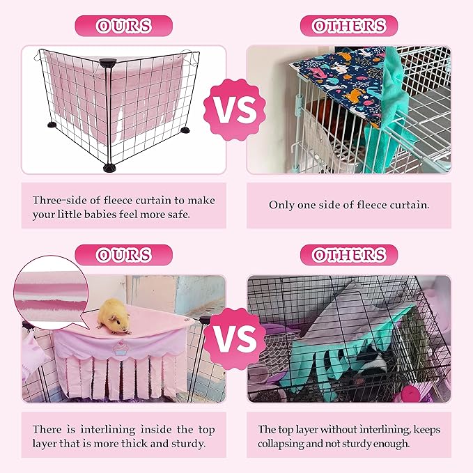 Guinea Pig Hideout, Cute Guinea Pig Corner Fleece Forest Hideaway 3-Side Curtain, Rabbit Hammock Toy and House Bed for Bunny, Ferret, Rat, Chinchilla and Small Animal Cage Accessories (Pink)