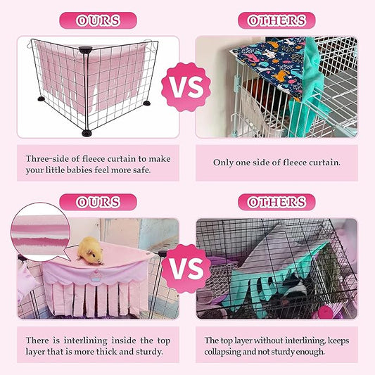 Guinea Pig Hideout, Cute Guinea Pig Corner Fleece Forest Hideaway 3-Side Curtain, Rabbit Hammock Toy and House Bed for Bunny, Ferret, Rat, Chinchilla and Small Animal Cage Accessories (Pink)