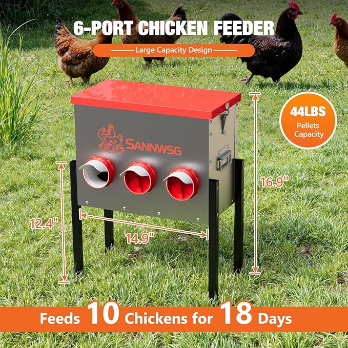 Chicken Feeders,47 lb Capacity 6 Port Automatic Chicken Feeder, Metal Chick Feeder with Locking Lid and Legs, Chicken Feeder for Chickens, Ducks, Geese