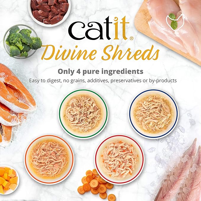 Catit Divine Shreds Premium Cat Food Topper, Chicken with Mackerel & Broccoli (Pack of 4)