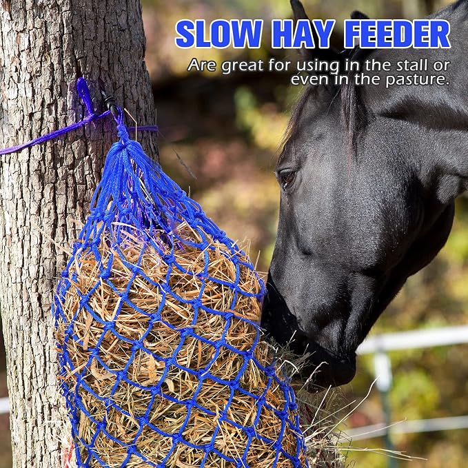 Nuenen 4 Pcs Hay Bags for Horses Goat 40 Inch Oxford Slow Feeder Hay Nets Bag for Horses Sheep Hanging Feeding Supplies Trailer Stable(Blue)