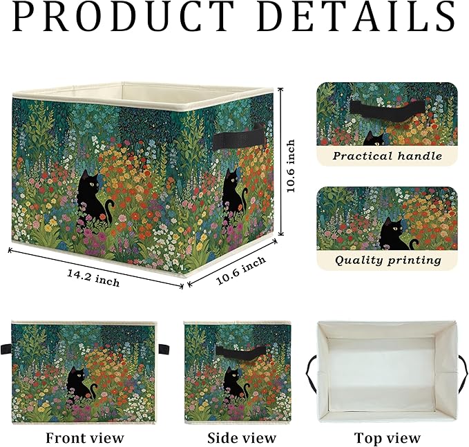 Wildflower Black Cat Storage Bin Box, Cat Lover Mom Lady Grandma Gifts Collapsible Storage Basket Organizer for Bedroom Bathroom Home Clothes Toys Books, Toybox for Girls