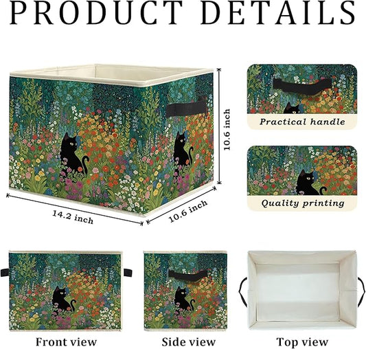 Wildflower Black Cat Storage Bin Box, Cat Lover Mom Lady Grandma Gifts Collapsible Storage Basket Organizer for Bedroom Bathroom Home Clothes Toys Books, Toybox for Girls