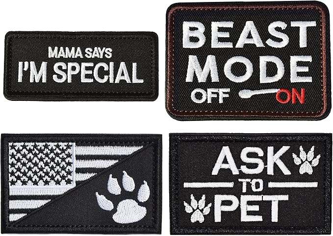 U-LIAN 4 Pieces Dog Patch Beast Mode On Ask to Pet US Flag Mama Says I'm Special Funny Hook and Loop Patches Service Dogs Black