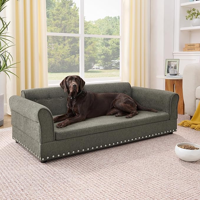 55" Dog Sofa for Medium to Large Dogs, Button Tufted Dog Couch Bed with Backrest and Armrests, Durable Memory Foam Pet Bed, Removable Cushion for Medium and Large Dogs, Dark Grey