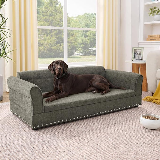 55" Dog Sofa for Medium to Large Dogs, Button Tufted Dog Couch Bed with Backrest and Armrests, Durable Memory Foam Pet Bed, Removable Cushion for Medium and Large Dogs, Dark Grey