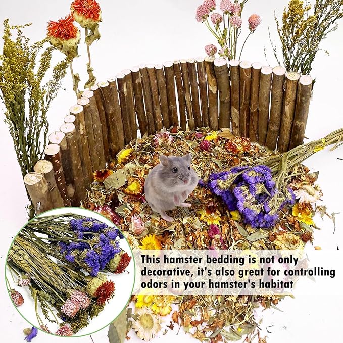 PINVNBY Natural Flower & Herb Hamster Bedding Habitat Decor Grain Guinea Pig Bedding Hamster Sprays Hamster Cage Accessories for Guinea Pig Dwarf Syrian Gerbils Mice Mouse Rat (Flower & Grain Version)