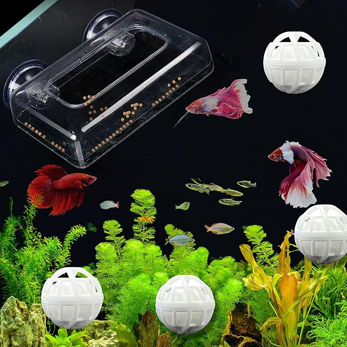Acrylic Fish Feeding Box Ring for Turtle with Filter Ball Set, Fish Feeder Ring and Nitrifying Ball, Betta Feeding Floating, Turtle Enrichment Toys, Floating Betta Food Holder (Clear, L)