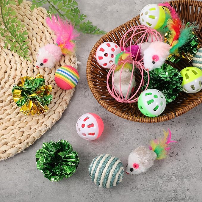 80 Pcs Cat Toys Bulk Kitten Toys Pack with Caged Rat Ball, Colorful Mice, Crinkle Balls, Rainbow Ball, Sisal & Bell Balls, Interactive Variety for Indoor Cats
