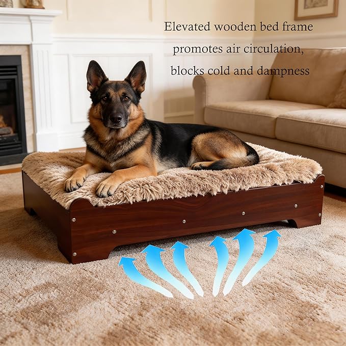 Elevated Dog Bed 37⅜" × 28⅜"×7⅝”,Raised Wooden Dog Bed Frame and Mattress for Large Pets up to 80lbs