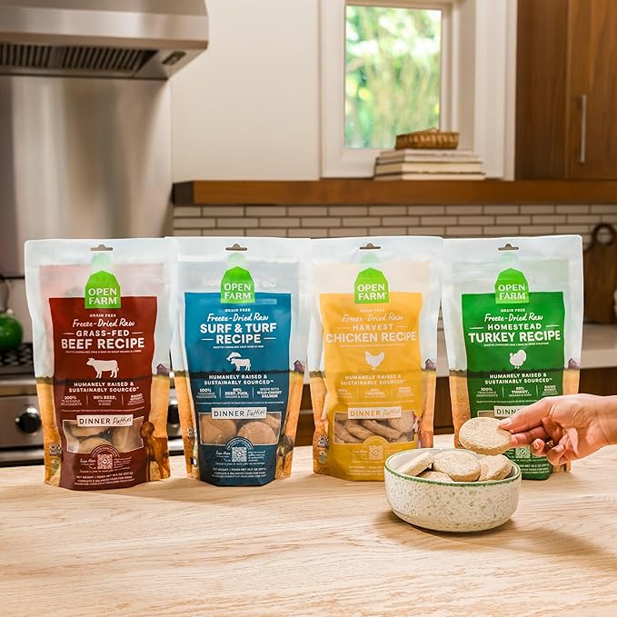 Open Farm, Freeze Dried Raw Dog Food, Patties with 95% Meat, Organs & Bone, Complete Meal or Freeze Dried Dog Food Mixer, Surf & Turf Recipe, 17.5oz Bag