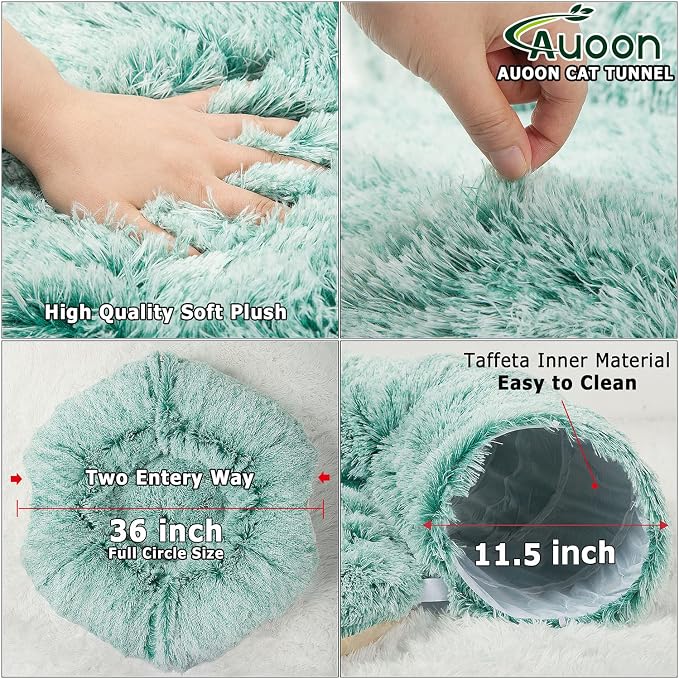 AUOON Cat Tunnel Bed for Indoor Cats - Large Cat Donut Tunnel with Hanging Ball Toy, Collapsible 2-in-1 Multifunctional Interactive Cat Toy for Kitten, Puppy, Rabbit, Ferret (Khaki)