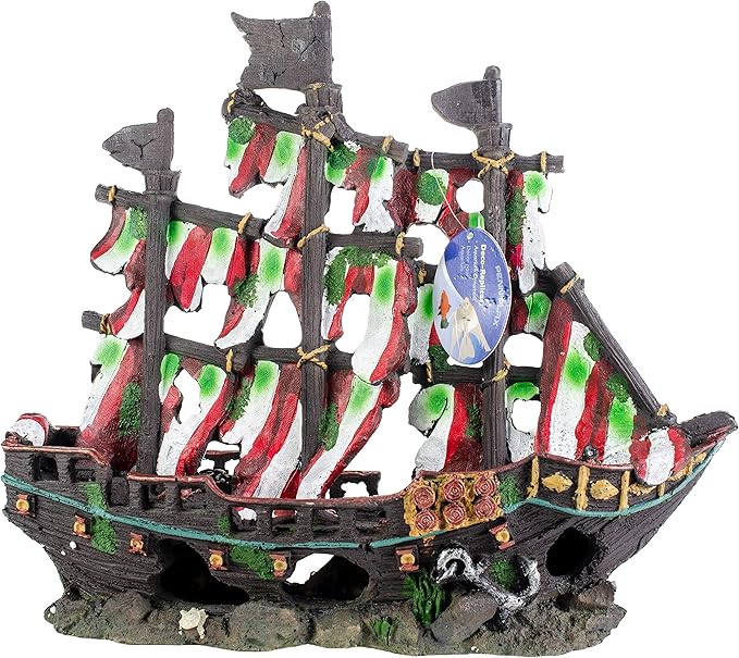 Penn-Plax Deco-Replicas Striped Sail Shipwreck - Realistic Aquarium Shipwreck Ornaments - Durable Resin Nautical Decor for Freshwater & Saltwater Fish Tanks - 14 x 5.5 x 13 Inches, Medium Size