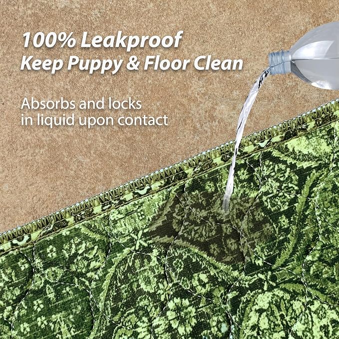nunubaby Washable Pee Pads for Dogs, Stylish, Non-Slip and Leak-Proof Pee Pads. Reusable Potty Pads for Dogs for Crates and Floors.(Green/Multi, 24" x48" )
