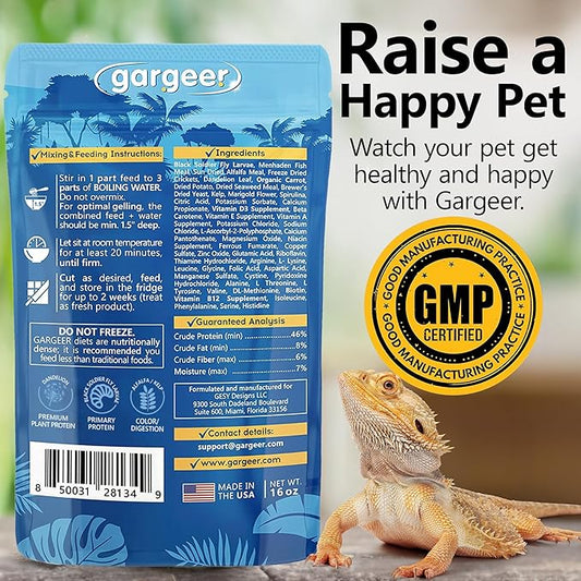 Gargeer 16oz Bearded Dragon Food. Complete Gel Diet for Both Juveniles and Adults. Proudly Made in The USA, Using Premium Ingredients, Fortified Gourmet Formula. Enjoy!