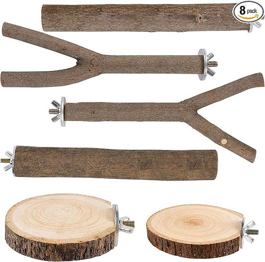 8 PCS Bird Perch Set, Natural Birch Wood Straight & Forked Perches with Platforms for Parakeets, Cockatiels, Conures, Lovebirds - Cage Accessories for Climbing & Exercise