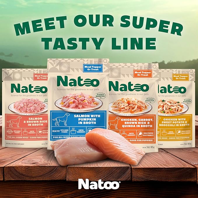 NATOO Dog Food Topper Variety Pack for Picky Eaters, Protein Boost Mix-Ins for Dry Food, Wet Meal Toppers for Dogs and Puppies, Limited Ingredient, 3oz Pouches, 12 Pack (4 Flavors)