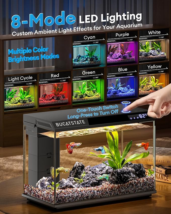 BUCATSTATE 2.6 Gallon Fish Tank, 3 Stage Filtration with Independent Waste Compartment Aquarium, Quiet 3 in 1 Pump, Real-Time Temp Display, 8-Mode LED Light Fish Tank (Black)