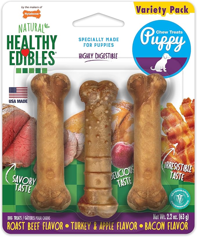 Nylabone Healthy Edibles Natural Puppy Chews Long Lasting Treats for Puppies, Roast Beef/Apple/Bacon Dog Treats, X-Small/Petite (3 Count)
