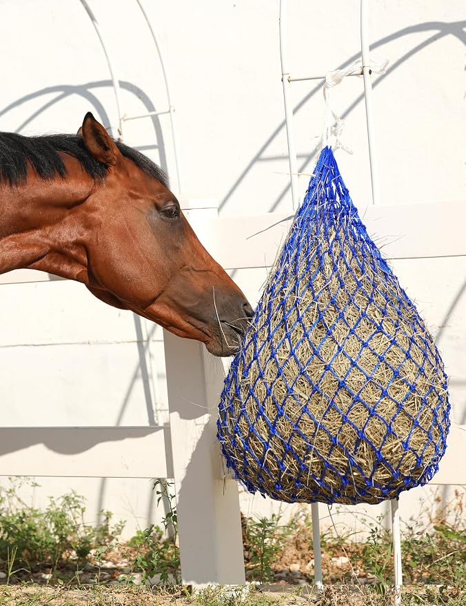 Harrison Howard Slow Feed Hay Net for Horses, 40 Inch Hay Bag Holds 1–2 Flakes, 2 Inch Mesh Durable Hanging Feeder for Stable, Pasture & Livestock-Blue