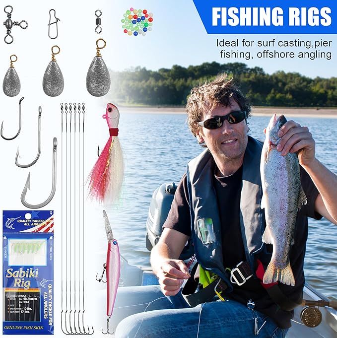 226pcs Saltwater Fishing Tackle Kit Include Fishing Lures Hooks Leader Rigs Bucktail Jig Weights Sinkers Swivel Snap Beads Various Accessories with Tackle Box for Freshwater Saltwater Fishing