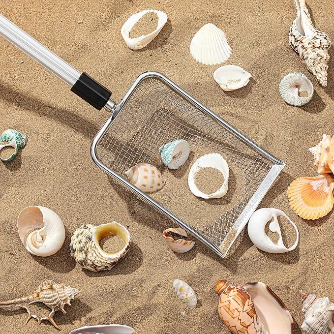 Roshtia 4 Pcs Beach Sand Sifter Set, Adjustable Long Handle Shell Scoop, Shark Tooth Sifter Mesh Shovel for Family Seashell Collecting, Sea Glass Hunting and Beach Treasure Fun