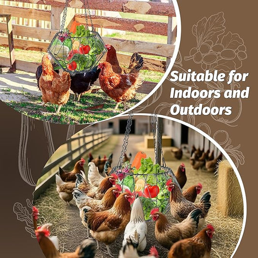 Hanging Chicken Feeder, 9.25IN Large Foldable Poultry Feeder Vegetable Fruits Basket with 4pcs Hanging Stainless Chain, Chicken Treat Holder Ball Boredom Toys for Chicken Hens Duck Coop, Black, 2 Pack