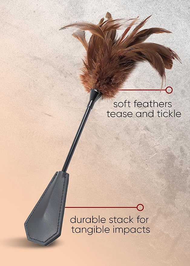 Feather Tickler Teasers Stick, Faux Feather French Crop Stick 15" for Play Show, Brown