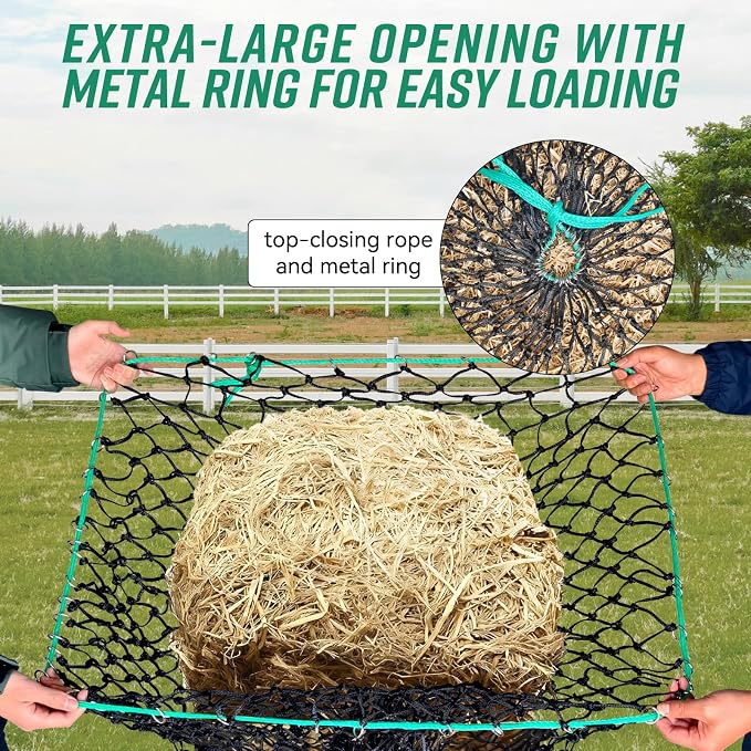Square Bale Hay Nets for Horses, Premium PE Slow Feed Net with 1.6" Hole, Suitable for 36x18x18 to 45x25x17 Inches Hay Bales, Drawstring Closure for Easy Loading