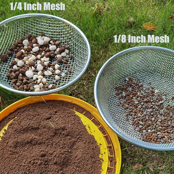 2PCS YUEBM Gardening Sand Soil Compost Sifter Perfect for 5 Gallon Bucket, 1/4 Inch Mesh, 1/8 Inch Mesh
