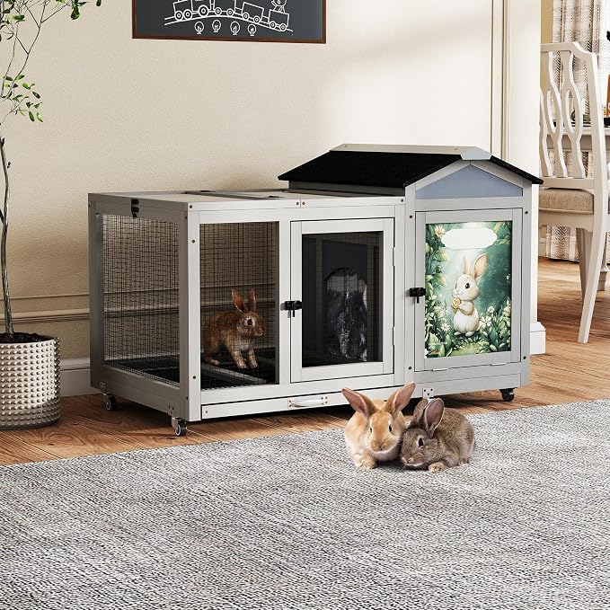 COZIWOW 39IN Heated Rabbit Hutch with Wheels, Insulated Indoor/Outdoor Bunny Cage House with Cleaning Tray, Sun Panel & Animal Pattern, Spacious Rabbit Cage for 1-2 Bunnies, (Warm Grey & Pattern)