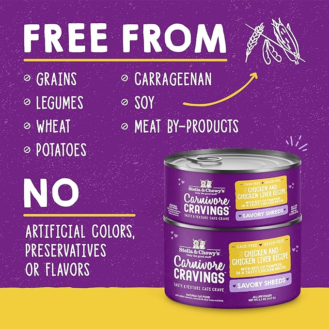 Stella & Chewy's Carnivore Cravings Savory Shreds - Wet Cat Food - High-Moisture Formula with Premium Cage-Free Chicken & Chicken Liver - Perfect for Picky Eaters - 2.8 oz, 24 Count