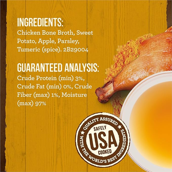 Merrick Grain Free Bone Broth, Premium Human Grade And Gluten Free Dog And Cat Food Topper Pouches, Chicken - 16 oz. Pouch (Pack of 2)