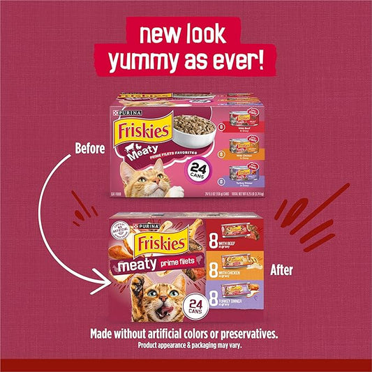 Purina Friskies Gravy Wet Cat Food Variety Pack, Prime Filets Meaty Favorites - (Pack of 24) 5.5 oz. Cans