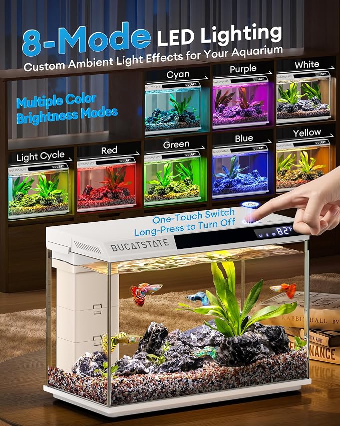 BUCATSTATE 2.6 Gallon Fish Tank, 3 Stage Filtration with Independent Waste Compartment Aquarium, Quiet 3 in 1 Pump, Real-Time Temp Display, 8-Mode LED Light Fish Tank (White)