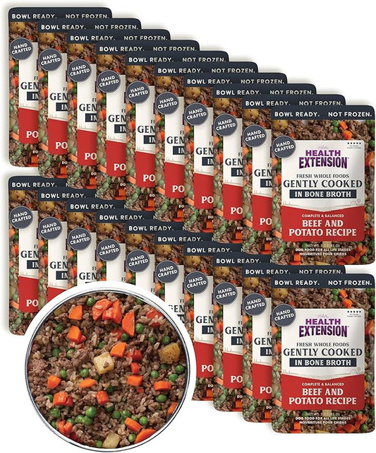 Health Extension Gently Cooked Beef & Potato Dog Food, Human-Grade & Shelf-Stable with Superfoods, Supports Digestion, Immunity, Skin & Coat, 3 oz Pouch (Pack of 20)