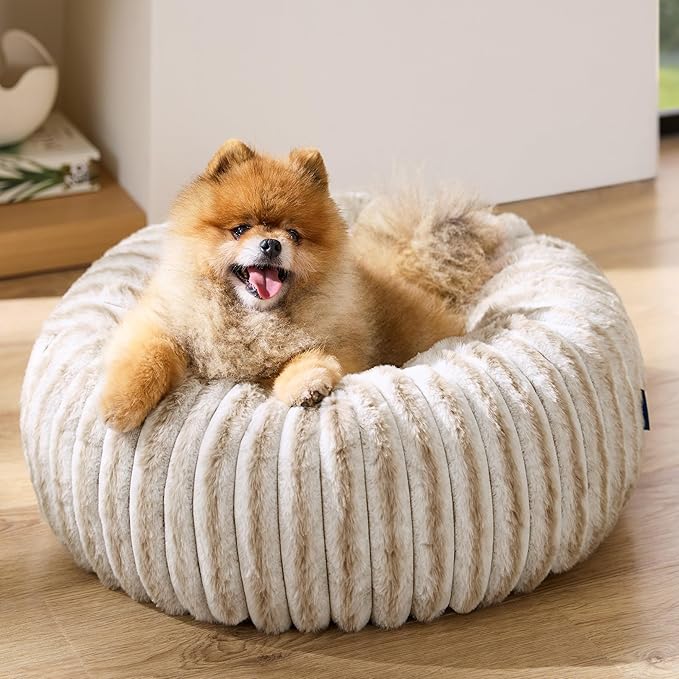 Bedsure ComfyFleece™ Donut Small Dog Bed - Dog Beds for Small Dogs with Corduroy Fleece & Anti Slip Bottom, Round Faux Fur Pet Beds with Washable Removable Cover, Amphora, 23x23x7 inches