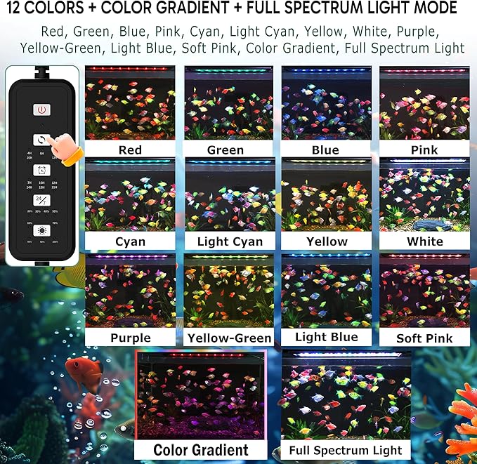 24/7 LED Aquarium Light for 30-36 Inch Plant & Fish Tank IP68, 12-Color & Gradient & Full Spectrum with Sunrise-Daylight-Moonlight, Auto On/Off, Brightness, Extendable Brackets for Freshwater