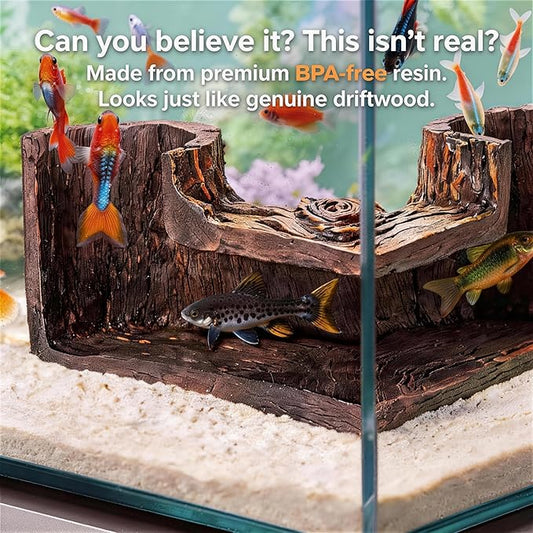 Aquarium Cave - Natural Resin Wood-Like Fish Tank Decorations & Accessories, 5.1" x 2" x 2.7" Safe Betta Hide & Tunnel for Guppy, Neon Tetra, Corydoras Catfish - Stackable Corner Ornament
