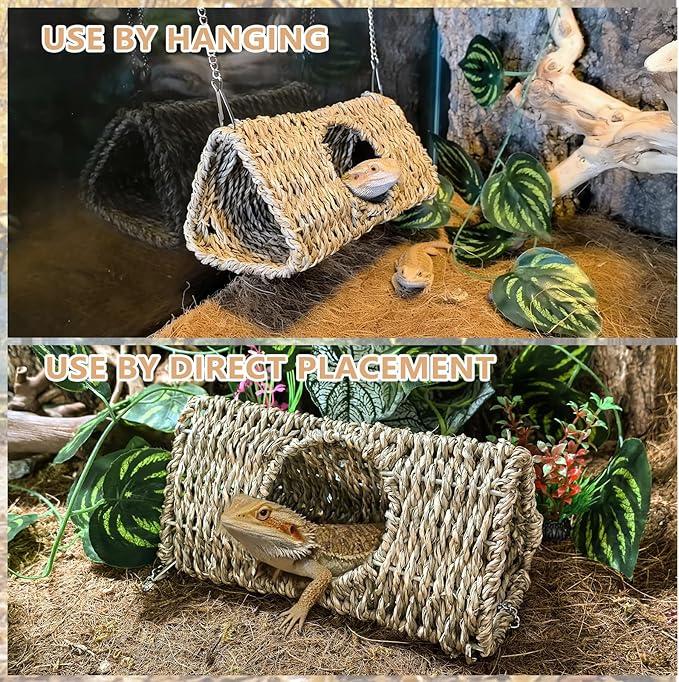Reptile Hide Cave,Hollow Gecko Hide,Hanging Seagrass Fiber Bearded Dragon Hammock Swing Lizard Cage Climbing Toys with Suction Cups&Chains,Reptile Tank Decor with Simulation Plants-Triangle S