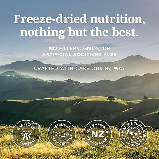 Feline Natural High Protein Dry Cat Food, Freeze-Dried Diet with 98% Meat, Organs & Seafood, No Peas, Grains, or Artificial Additives, Made in New Zealand, Lamb & King Salmon, 11oz