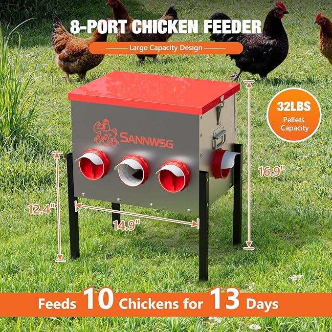 Chicken Feeders,68 lb Capacity 8 Port Automatic Chicken Feeder, Metal Chick Feeder with Locking Lid and Legs, Chicken Feeder for Chickens, Ducks, Geese