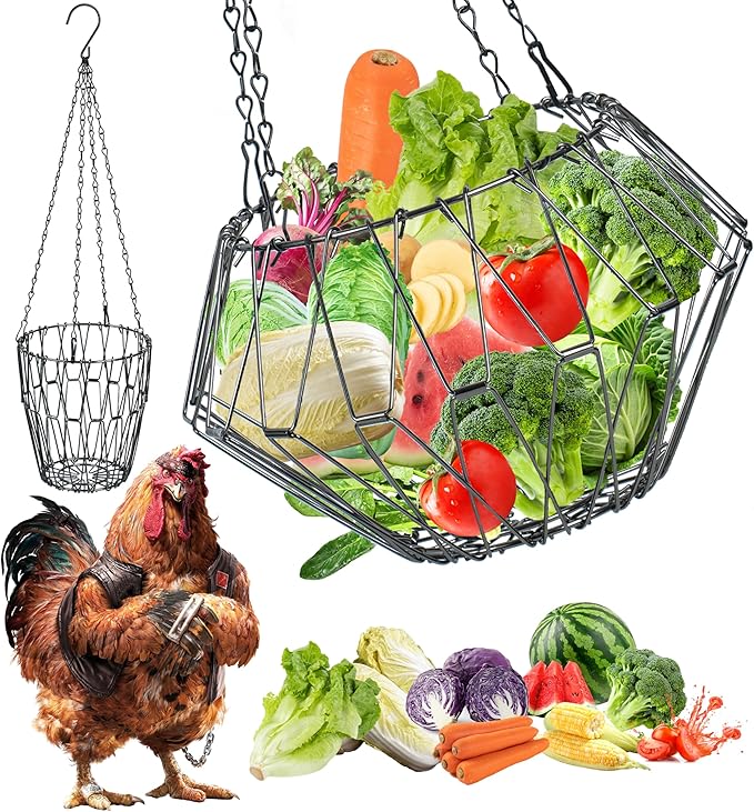 Hanging Chicken Feeder, 9.25IN Large Foldable Poultry Feeder Vegetable Fruits Basket with 4pcs Hanging Stainless Chain, Chicken Treat Holder Ball Boredom Toys for Chicken Hens Duck Coop, Black, 1 Pack