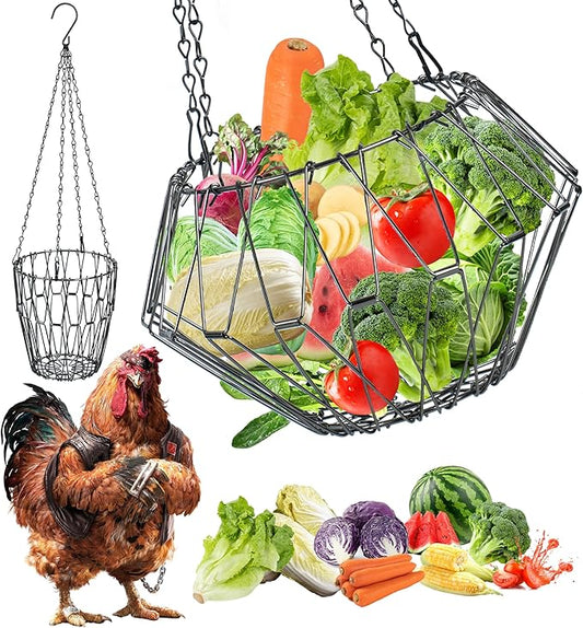 Hanging Chicken Feeder, 9.25IN Large Foldable Poultry Feeder Vegetable Fruits Basket with 4pcs Hanging Stainless Chain, Chicken Treat Holder Ball Boredom Toys for Chicken Hens Duck Coop, Black, 1 Pack