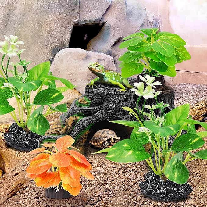 GOZILLA Fish Tank Plants, Reptile Artificial Plastic Plants, Reptile Plants for Terrarium, Aquarium Decorations Resin Pedestal Ornaments for Fish Tank Accessories Set.(4PCS/B-Set)