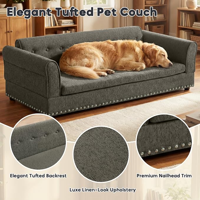 55" Dog Sofa for Medium to Large Dogs, Button Tufted Dog Couch Bed with Backrest and Armrests, Durable Memory Foam Pet Bed, Removable Cushion for Medium and Large Dogs, Dark Grey