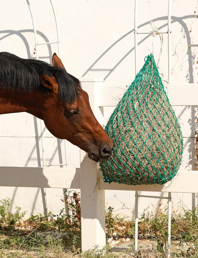 Harrison Howard Slow Feed Hay Net for Horses, 40 Inch Hay Bag Holds 1–2 Flakes, 2 Inch Mesh Durable Hanging Feeder for Stable, Pasture & Livestock-Grass Green