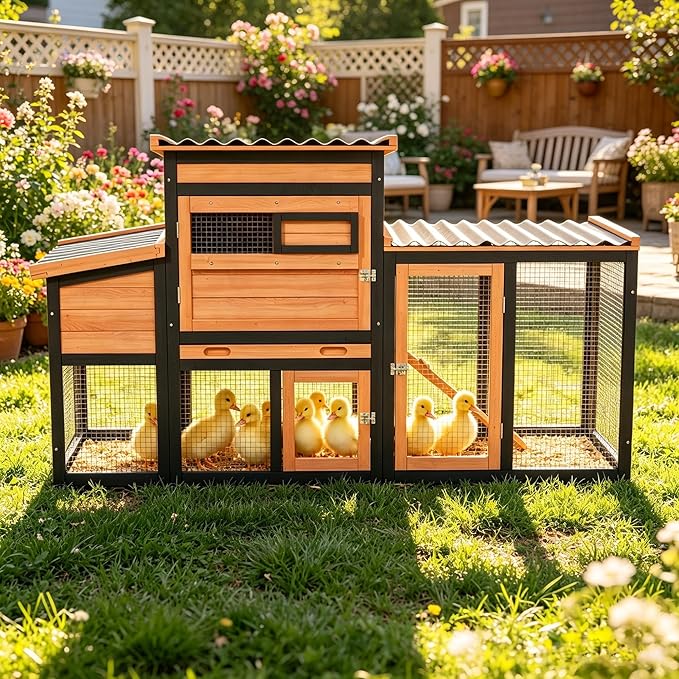 Outdoor Duck Coop with Run, Weatherproof Poultry Cage for 2-4 Chickens, Hen House with Nesting Boxes and Removable Tray for Easy Cleaning, Rabbit Cage Bunny Hutch in Orange with Black